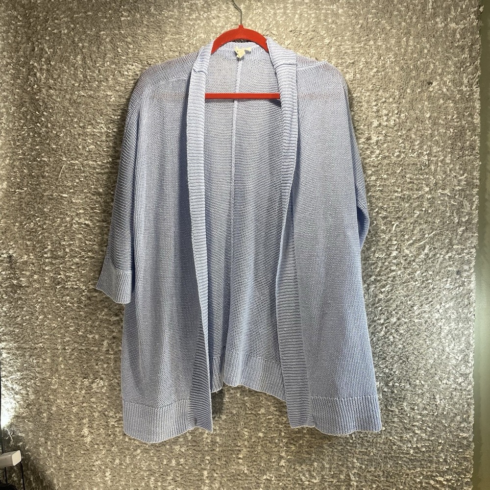 Eileen Fisher Organic Linen Open Knit Front Cardigan Sweater Xl Preppy Blue